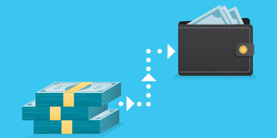 Illustration of stacked bundles of cash with dots and arrows leading to a wallet on a blue background