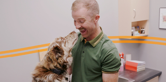 An individual in a green polo shirt holding a large dog with brown and white fur on a metal examination table. The individual is smiling at the dog. There are orange lines in the background, and two books are visible on the counter behind them.