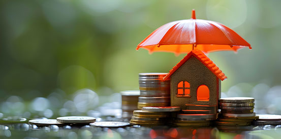 A Model House Under an Umbrella Surrounded by Coins